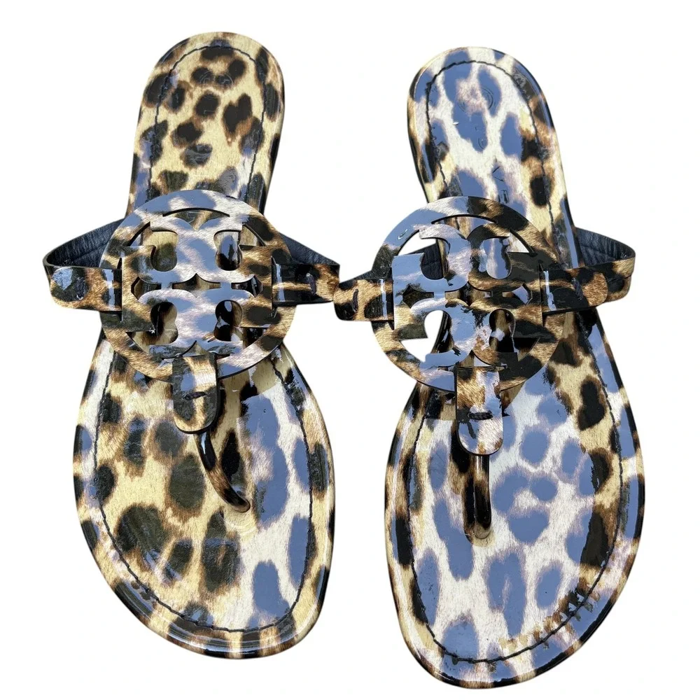 Tory Burch Womens 9 Miller Sandal Leopard Print Patent Leather Logo Thong Flip